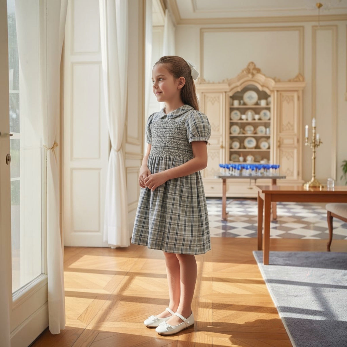 Young girl in a hand smocked dress standing in a well-furnished room with wooden floors and elegant decor.