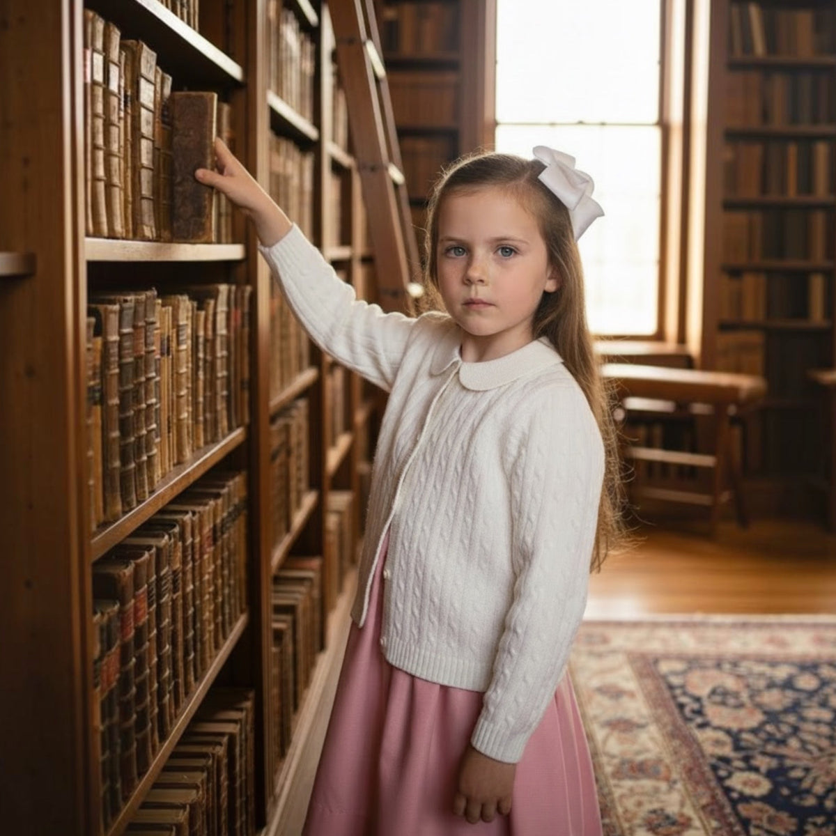 Young girl in a library reaching up to a bookshelf wearing a white cable knit cotton cardigan