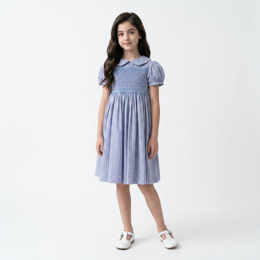 A young girl stands against a studio background wearing a hand smocked blue and pink gingham dress.