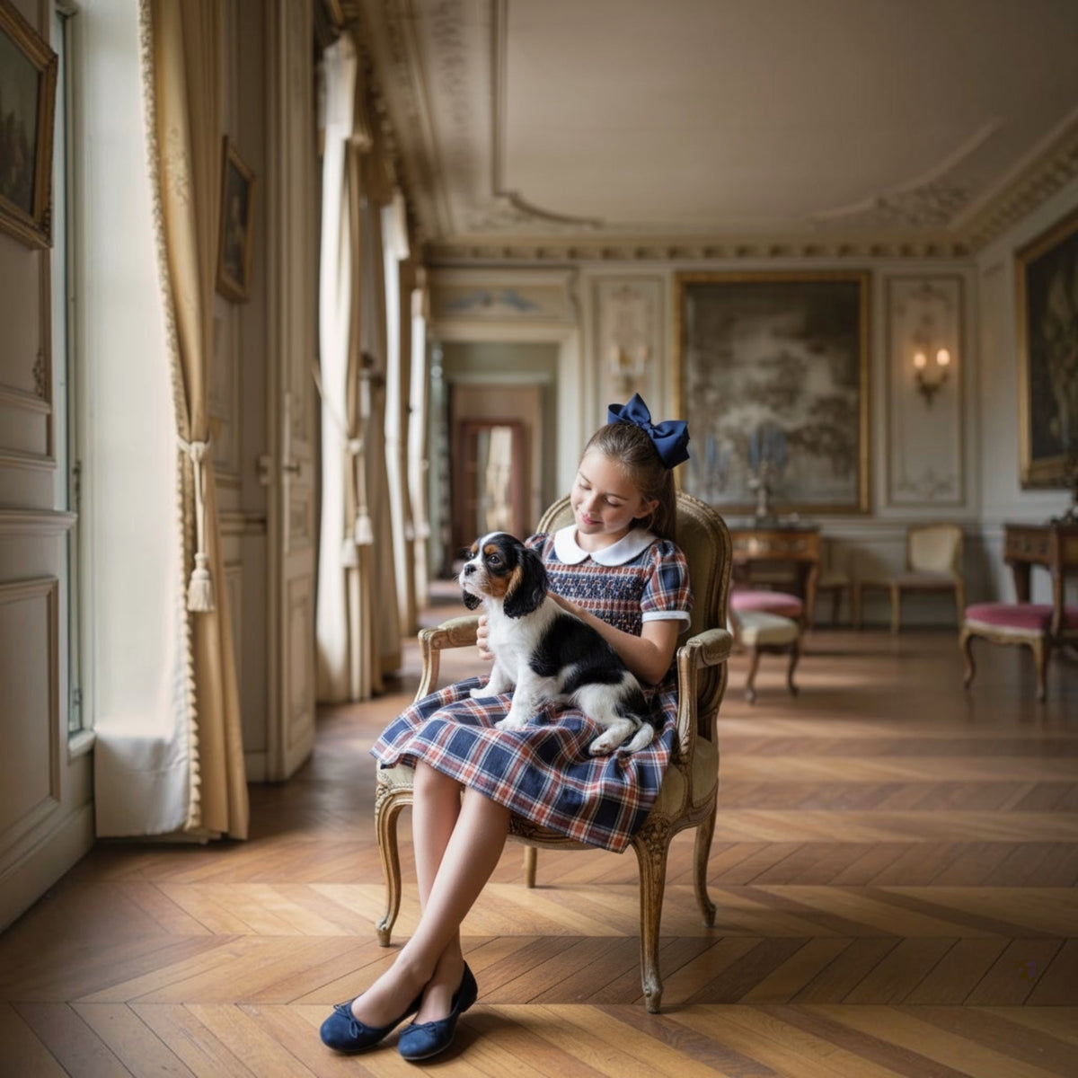 Young girl in a hand smocked dress holding a dog in an elegant room with wooden floors and classical decor.