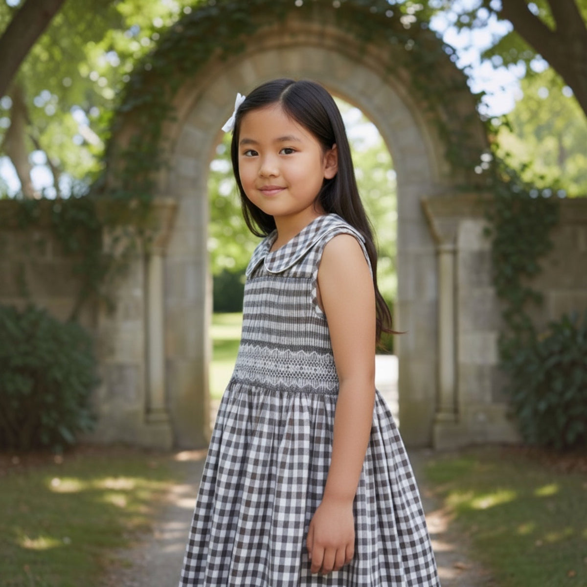 A young girl stands outdoors in front of a stone archway covered in green ivy, wearing a hand smocked grey and white gingham dress with a smocked bodice.