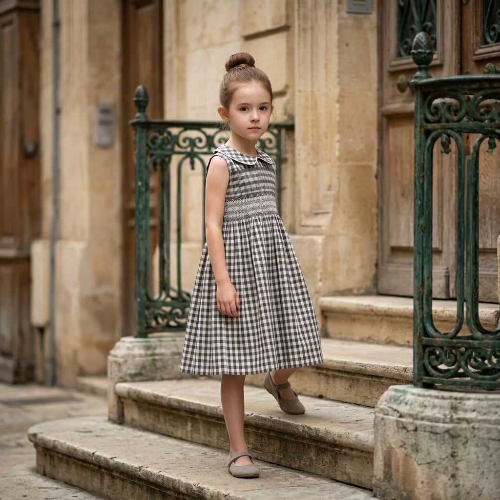 A young girl stands on stone steps wearing a hand smocked grey and white gingham dress with a smocked bodice and a Peter Pan collar. 