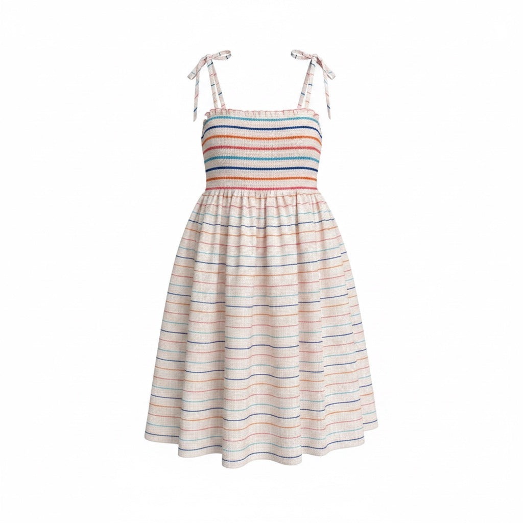 A sleeveless hand smocked sundress with thin shoulder ties, featuring a smocked bodice with horizontal stripes in blue, coral pink, and navy on a white base, and a flared skirt with thin multicolor stripes.