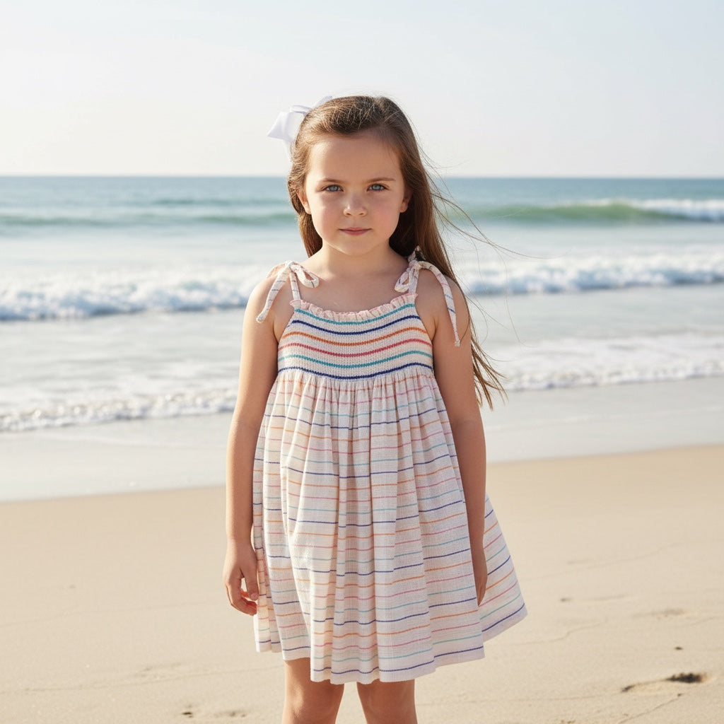 A young girl stands on a sandy beach wearing a hand smocked sundress with blue, pink, and orange horizontal stripes. The background shows the ocean waves and a clear sky.