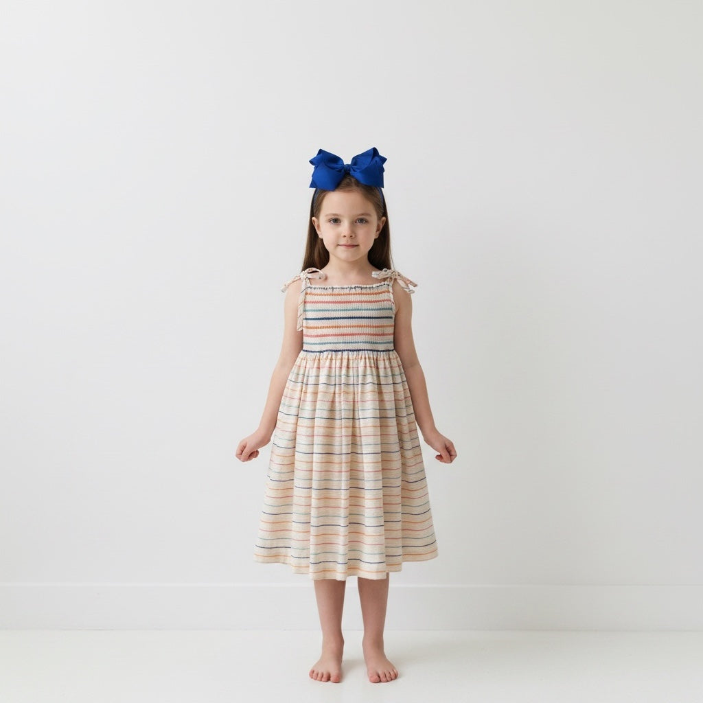A young girl stands barefoot against a plain white studio wall, wearing a  hand smocked sundress with thin horizontal stripes in peach, blue, and cream, and a large blue bow in her hair.