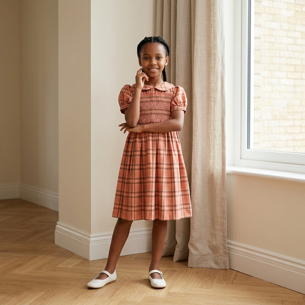 A young girl wearing an orange plaid hand smocked dress.