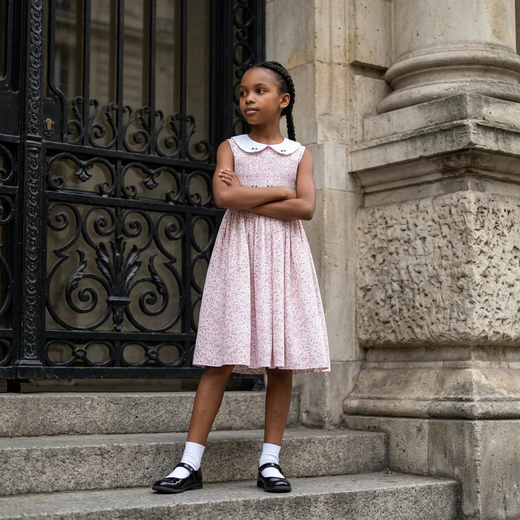 A young girl stands on stone steps wearing a hand smocked dress with a hand embroidered  Peter Pan collar.