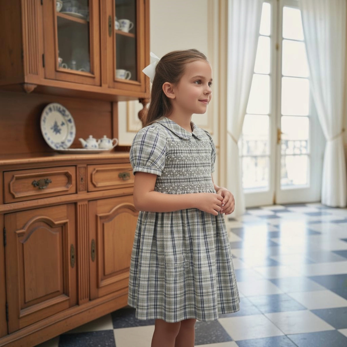 Young girl in a hand smocked dress standing in a room with wooden furniture and large windows.